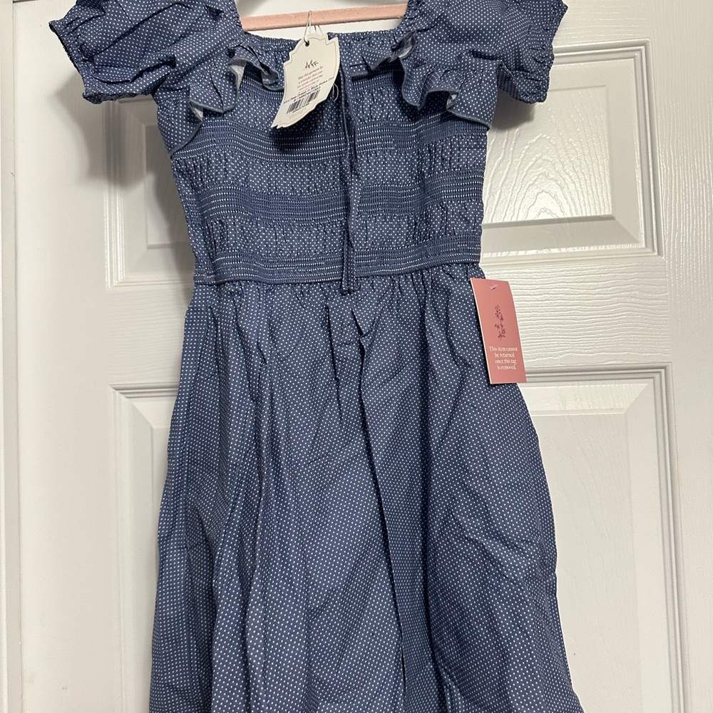Ivy City Co mini Rae Blue Polka Dot Ruffled Off-Shoulder Dress
